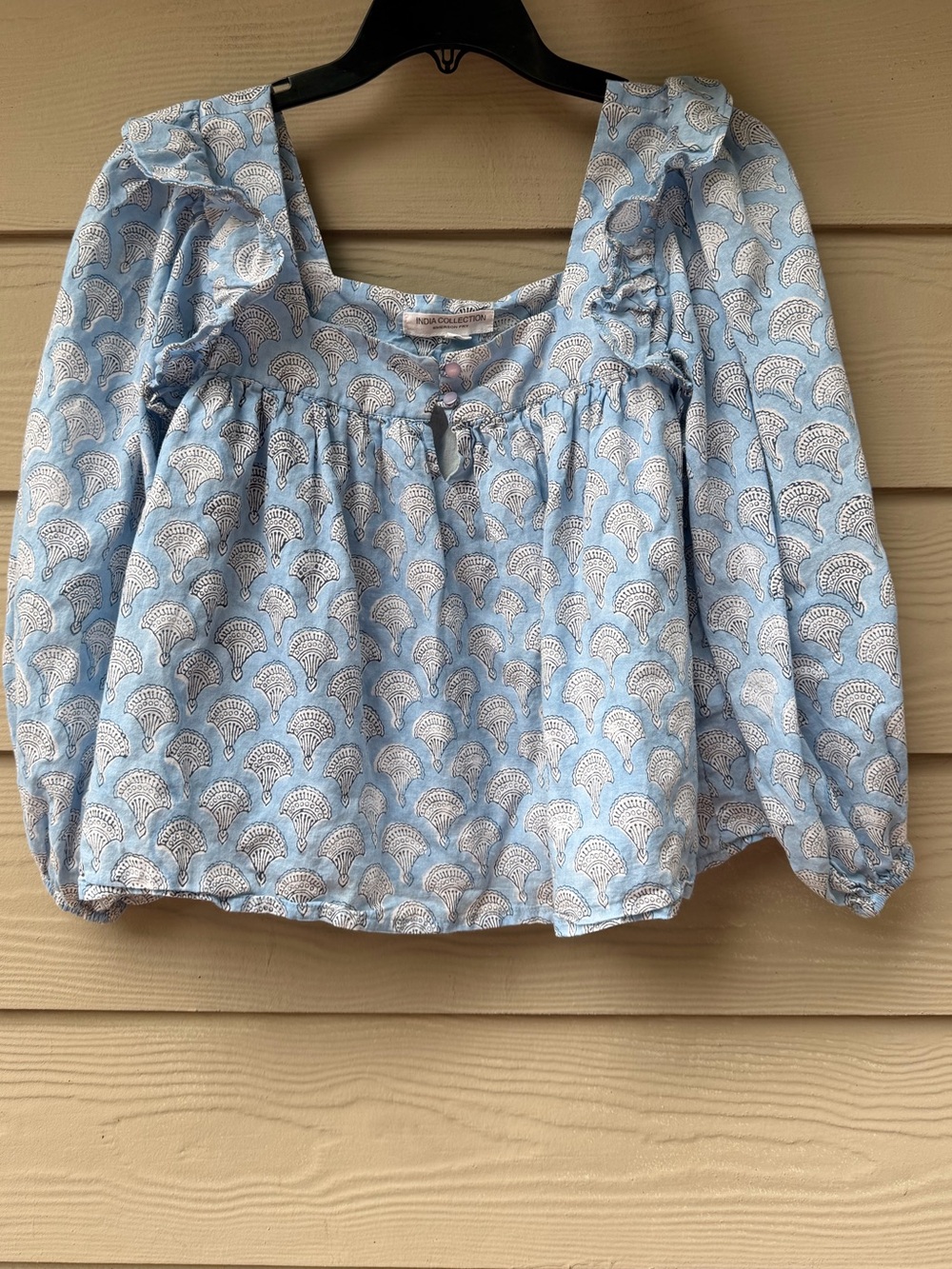Emerson Fry India Collection light blue block-print square-neck blouse
